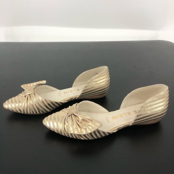 Anne Klein Bette Gold Cream Stripe Twist Bow Flats size 6.5 - Picture 7 of 10